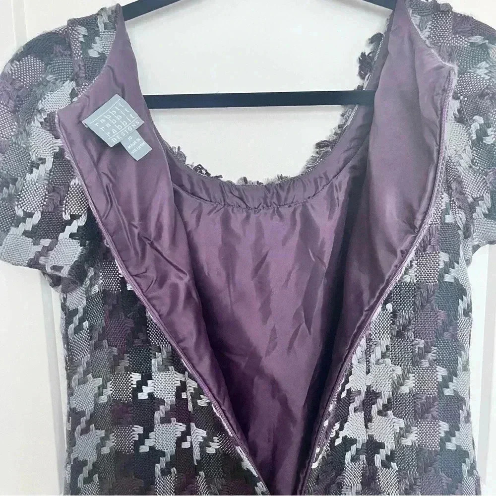RABBIT RABBIT RABBIT purple grey black plaid fringe tweed knee length dress 10 - Picture 4 of 9